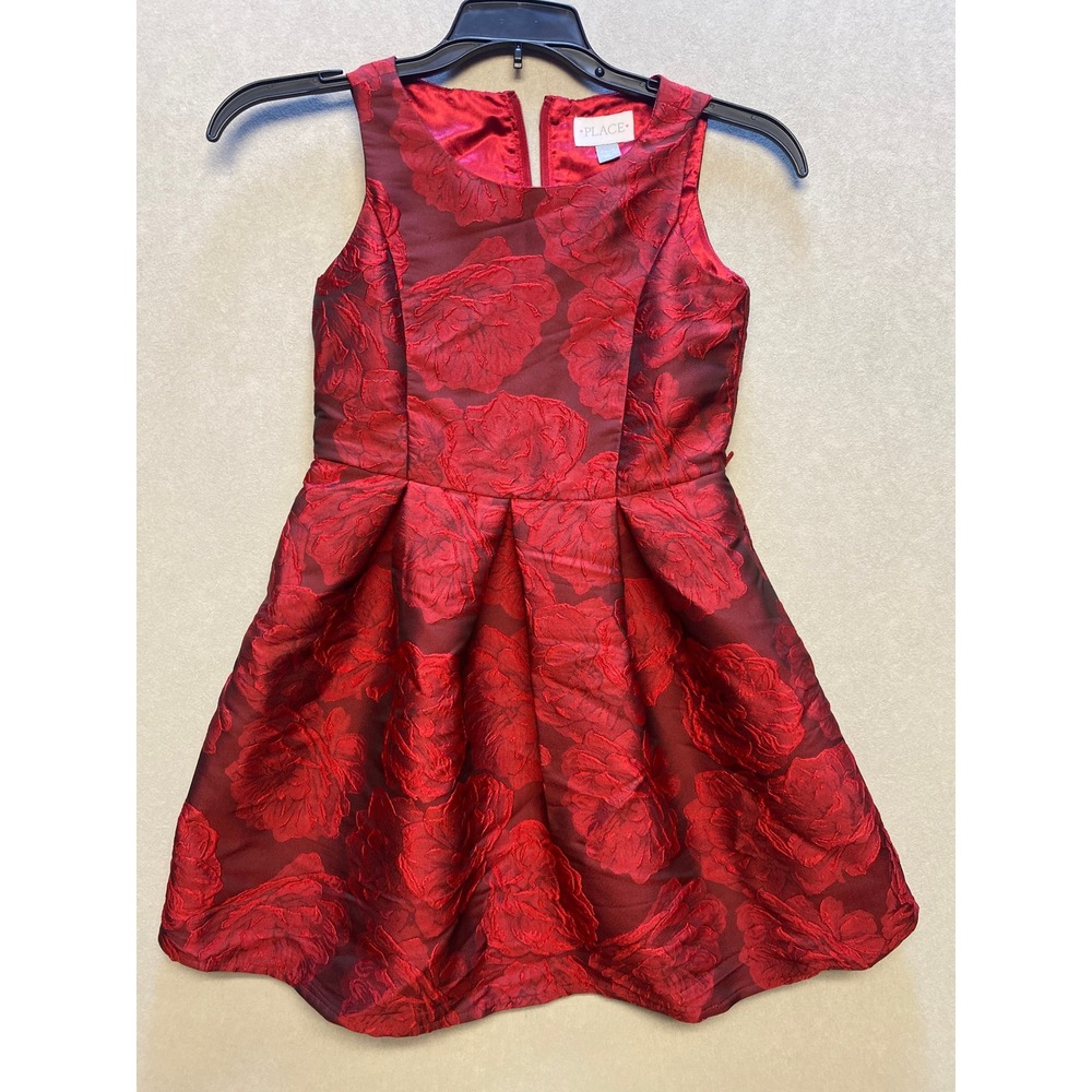 Childrens Place Girls Red Floral Brocade Party Dress Sleeveless 6X 7 Holiday